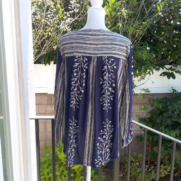 Lucky Brand Women's Top Size Med Blue White Boho Printed Peasant Long Sleeve - Picture 6 of 7